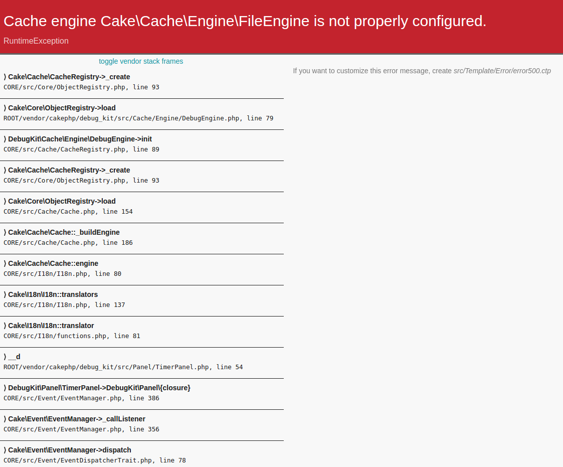 CakePHP Cache engine Error